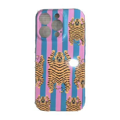 The Tibetan Tiger iPhone Case in Pink and Teal — close view of the glossy printed back and camera cutout