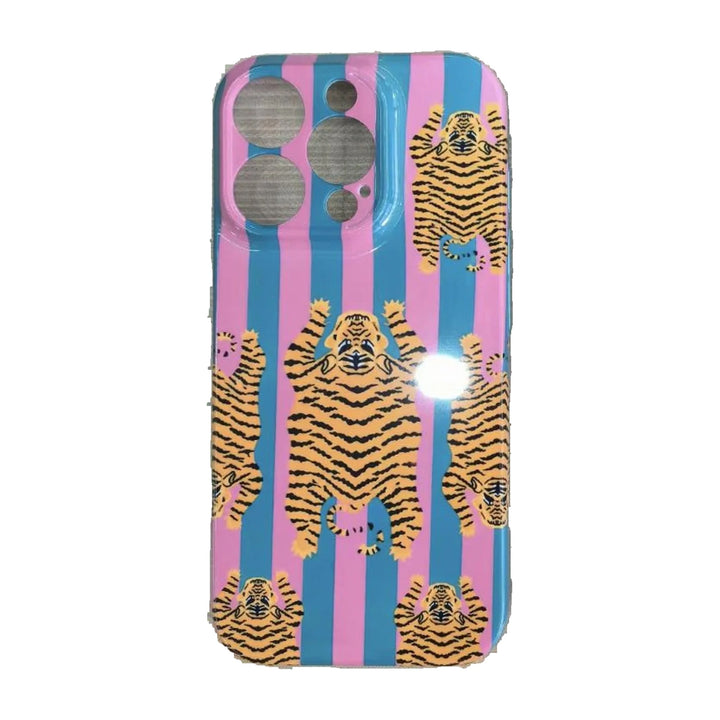 The Tibetan Tiger iPhone Case in Pink and Teal — close view of the glossy printed back and camera cutout