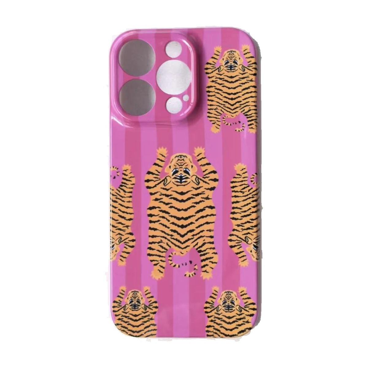 The Tibetan Tiger iPhone Case in Pink — tiger print on pink stripes, printed phone case by Conscious Yoga Collective