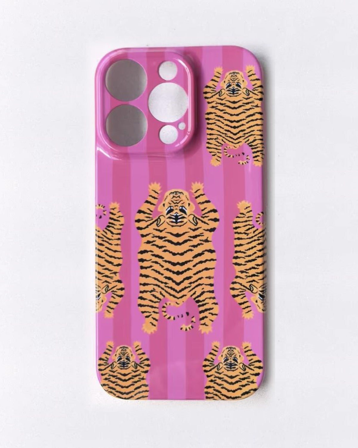 The Tibetan Tiger iPhone Case in Pink — tiger print on pink stripes, printed phone case by Conscious Yoga Collective