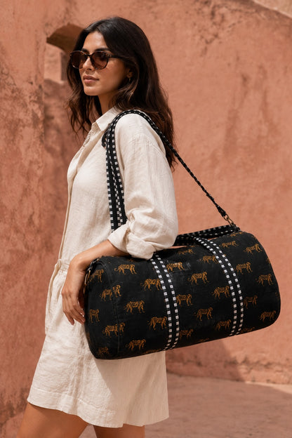 Cheetah Velvet Weekender — handmade quilted velvet weekender bag, ethically made in Rajasthan, India