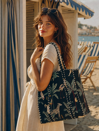 Striped-bench Italian portrait with the Leopard Tote in navy — hand-block-printed cotton from Conscious Yoga Collective, Slim Aarons mood