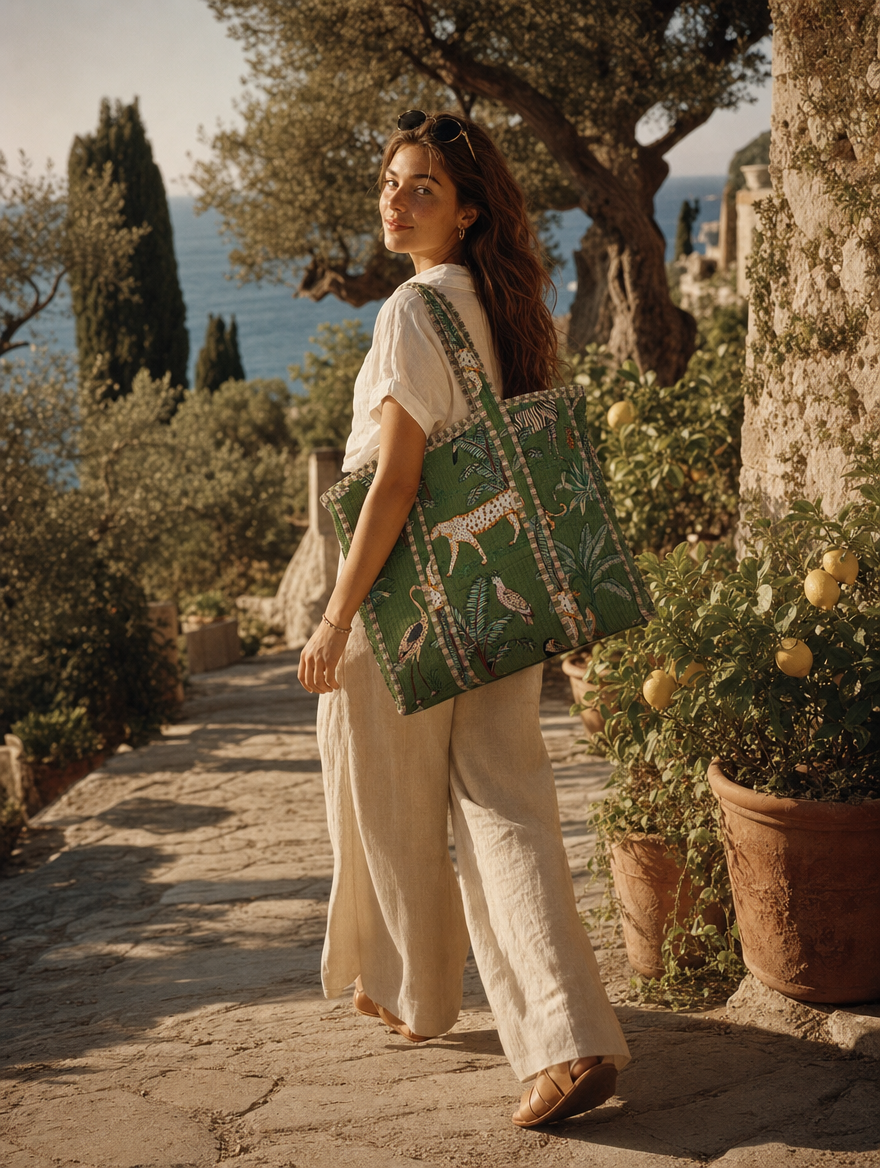 Olive grove overlooking the sea with the Leopard Tote in green — hand-block-printed cotton from Conscious Yoga Collective, slow travel