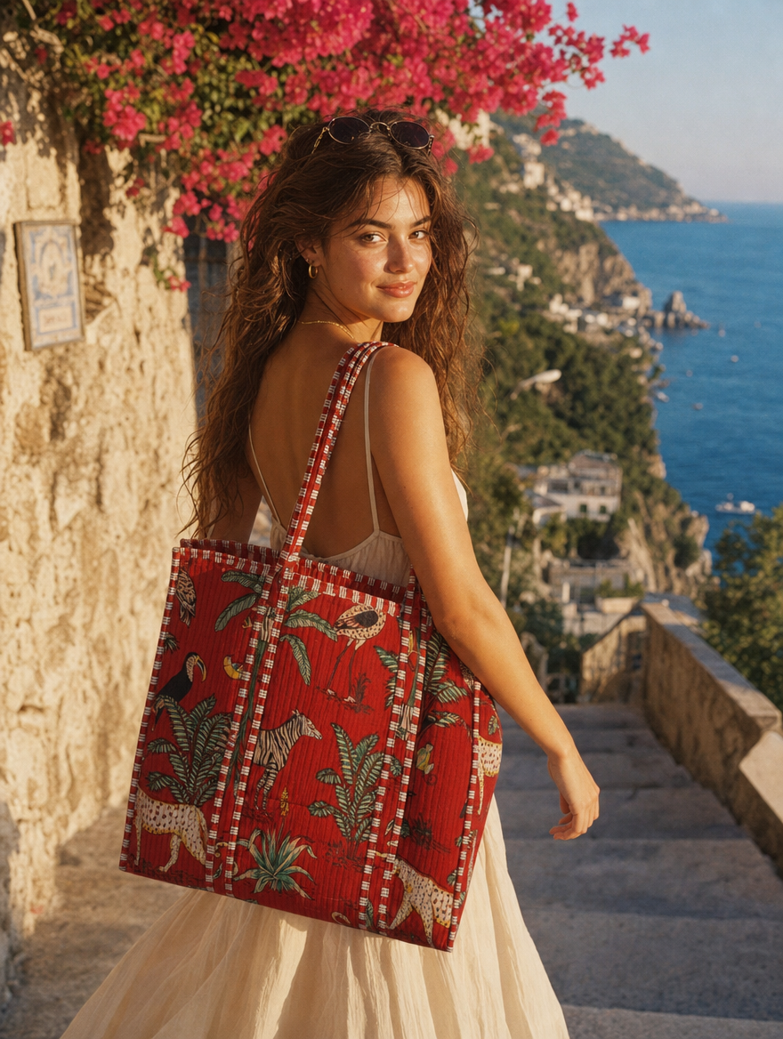 Mediterranean coast cliffside with the Leopard Tote in red — hand-block-printed cotton from Conscious Yoga Collective, Italian summer