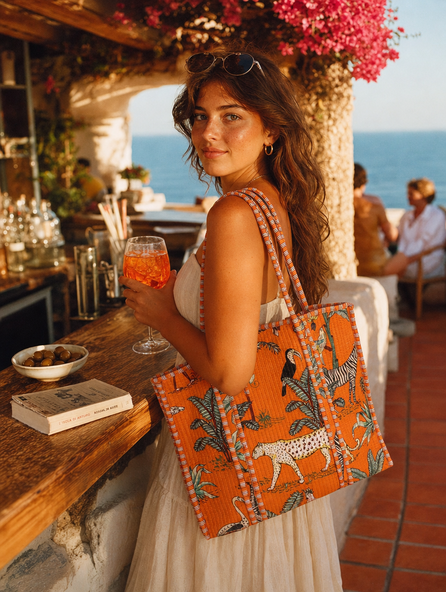 Italian café aperitivo with the Leopard Tote in orange — Aperol in hand, hand-block-printed cotton from Conscious Yoga Collective