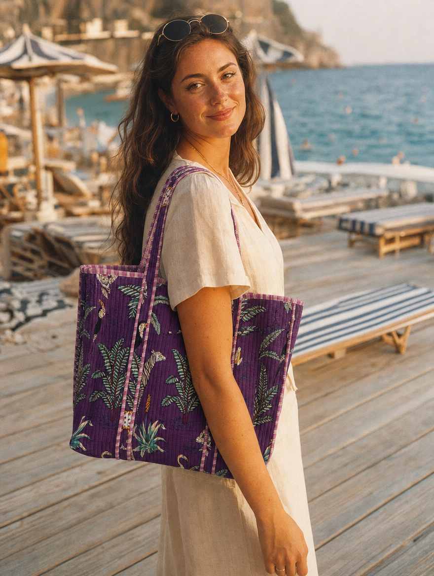 Beachfront boardwalk in cream linen with the Leopard Tote in purple — hand-block-printed cotton from Conscious Yoga Collective
