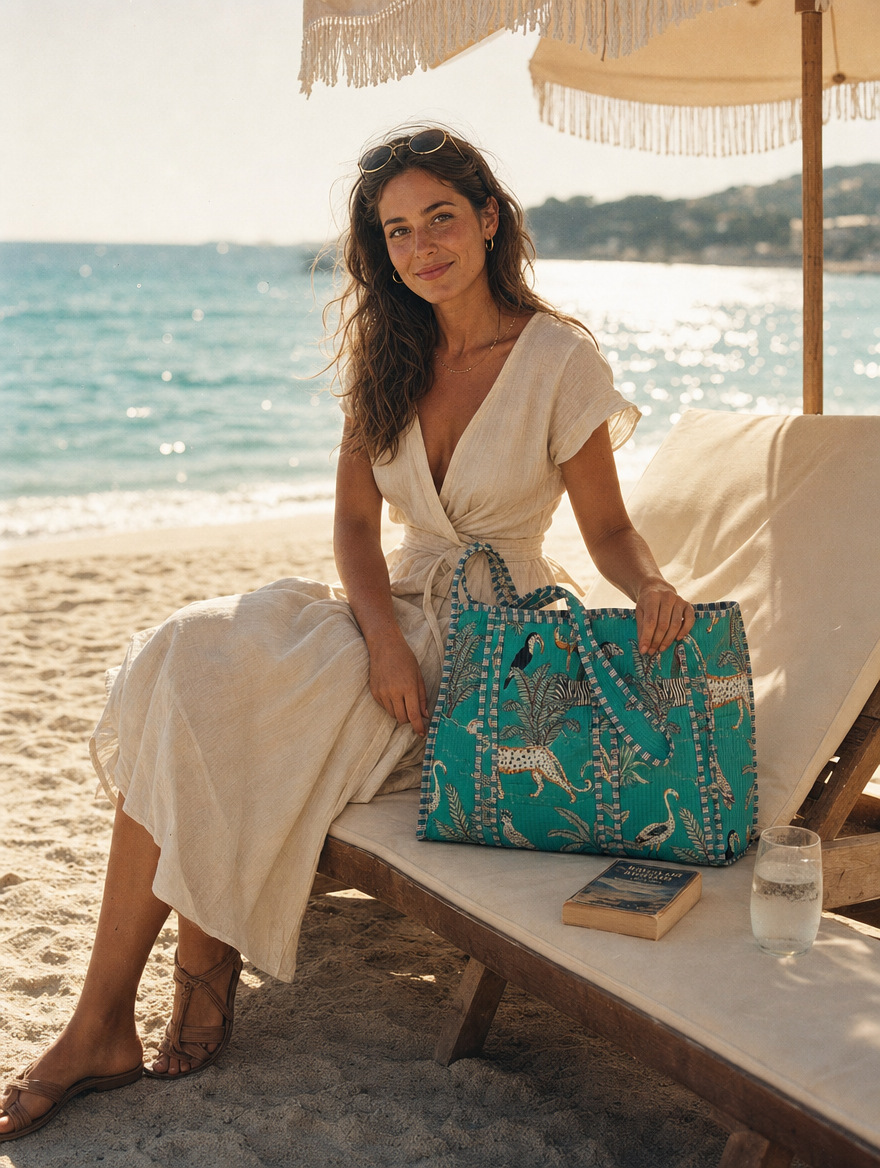 Café terrace by the sea with the Leopard Tote in teal — Aperol on the table, hand-block-printed cotton from Conscious Yoga Collective
