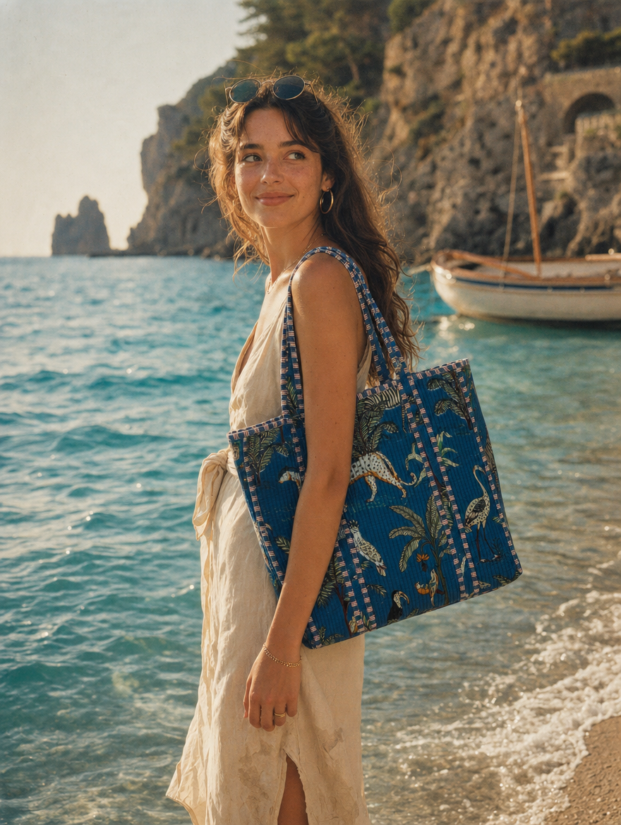 Cliffside in cream linen with the Leopard Tote in purple — hand-block-printed cotton from Conscious Yoga Collective, European holiday