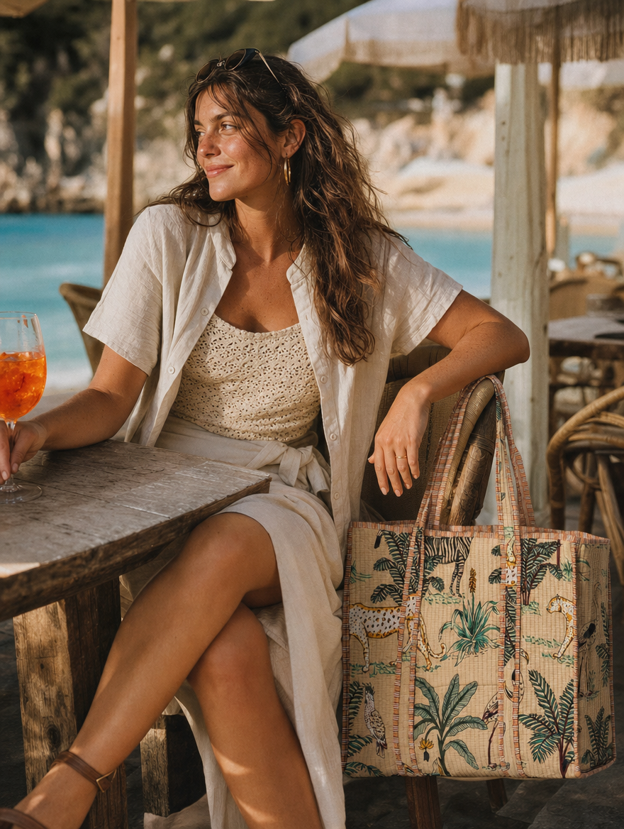 Marble café table aperitivo with the Leopard Tote in cream — Aperol spritz, hand-block-printed cotton from Conscious Yoga Collective