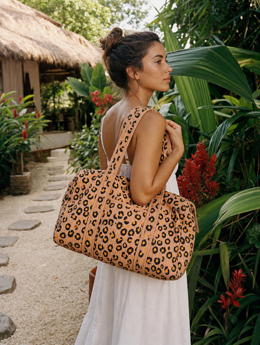 Italian holiday lifestyle scene with The Leopard Cotton Weekender — hand-block-printed cotton from Conscious Yoga Collective, Mediterranean summer