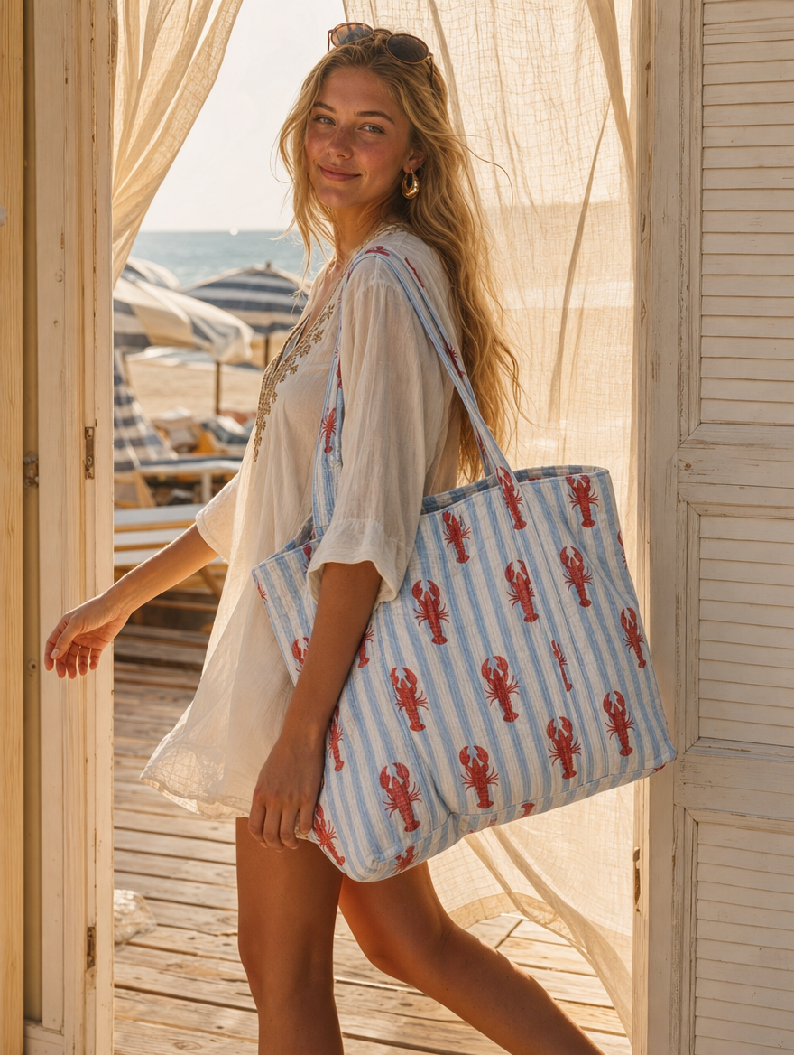 Slim Aarons mood with The Striped Lobster Tote — handcrafted lobster-print cotton bag on the Italian Riviera, Conscious Yoga Collective