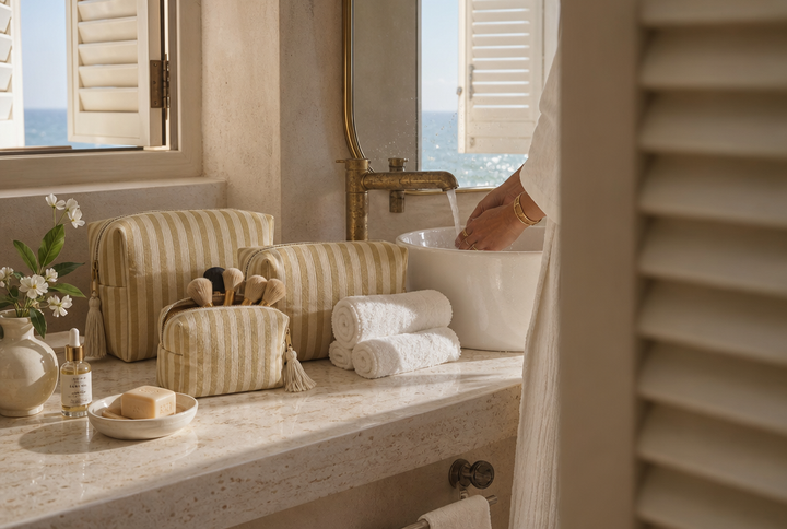 The Gold and Beige Striped Travel Set