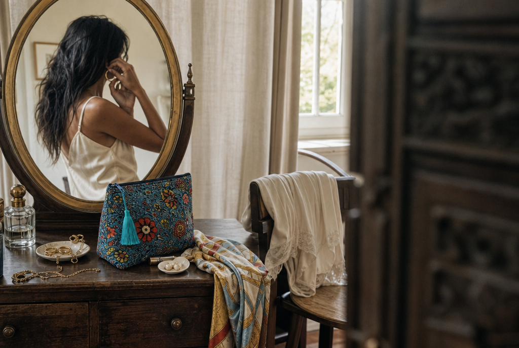 Indigo Petal Velvet Makeup Bag