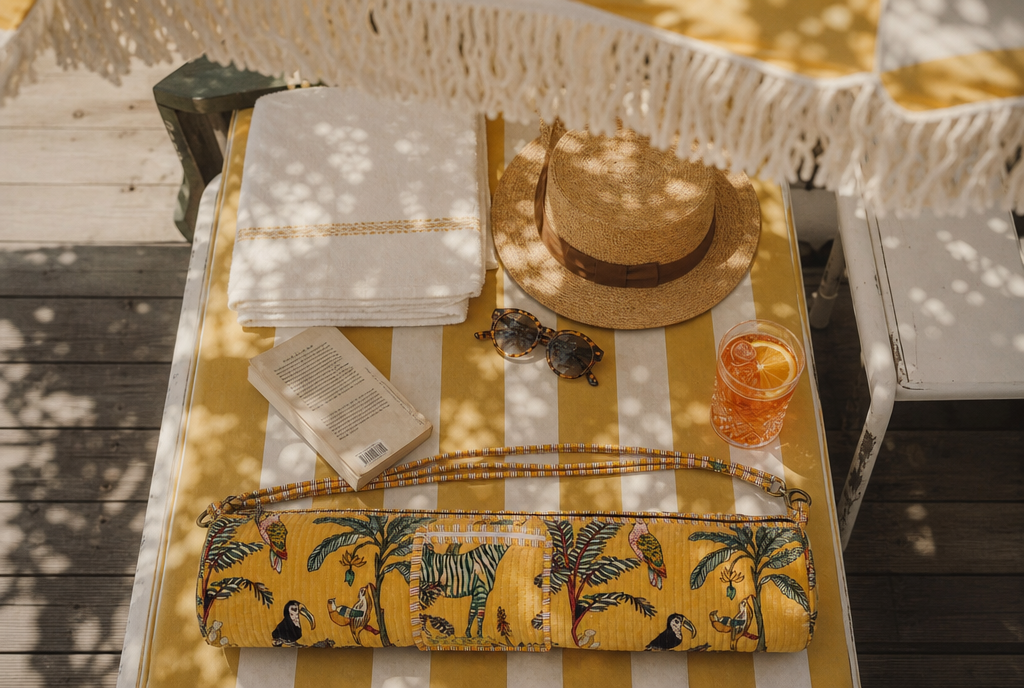 Poolside flat lay on a yellow striped sun lounger — a yellow Jungle print yoga bag with a straw hat, sunglasses, a book and a spritz — handmade yoga mat bag by Conscious Yoga Collective, made in Rajasthan.