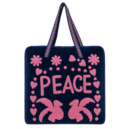 Peace Suzani Velvet Tote in Navy — handmade velvet tote with soft pink PEACE motif, hearts and daisies, ethically made in Rajasthan, Conscious Yoga Collective