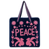 Peace Suzani Velvet Tote in Navy — handmade velvet tote with soft pink PEACE motif, hearts and daisies, ethically made in Rajasthan, Conscious Yoga Collective