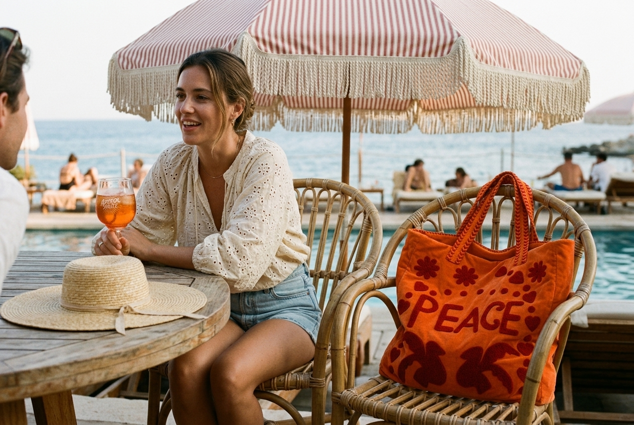 Peace Suzani Velvet Tote in Orange slouched on a rattan chair at a beach club table — handmade velvet tote from Conscious Yoga Collective