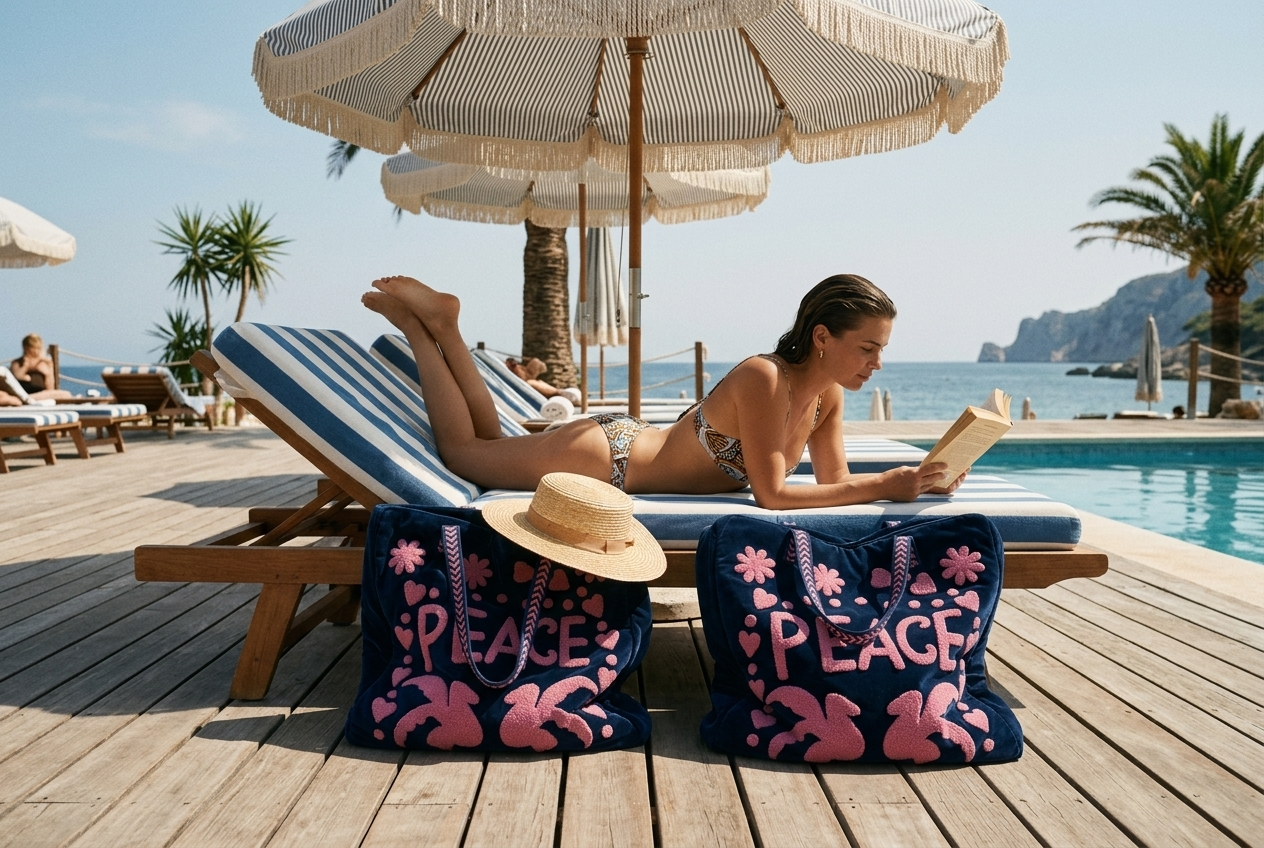Peace Suzani Velvet Tote in Navy slouched on a wooden deck beside a striped lounger — handmade velvet tote from Conscious Yoga Collective