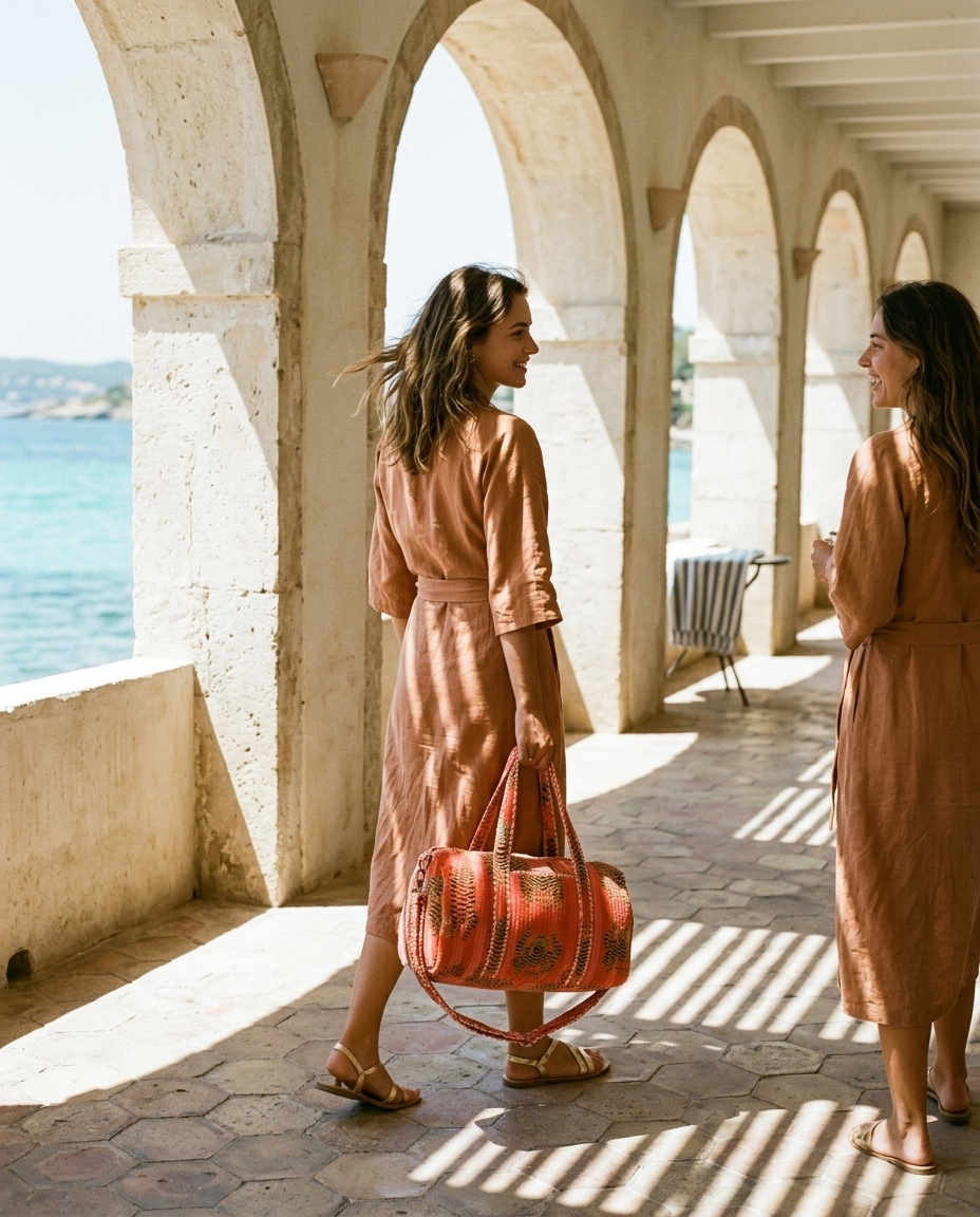 Woman carrying the Tibetan Tiger Velvet Weekender in Orange and Pink through a stone colonnade at a beach club — handmade in Rajasthan by Conscious Yoga Collective