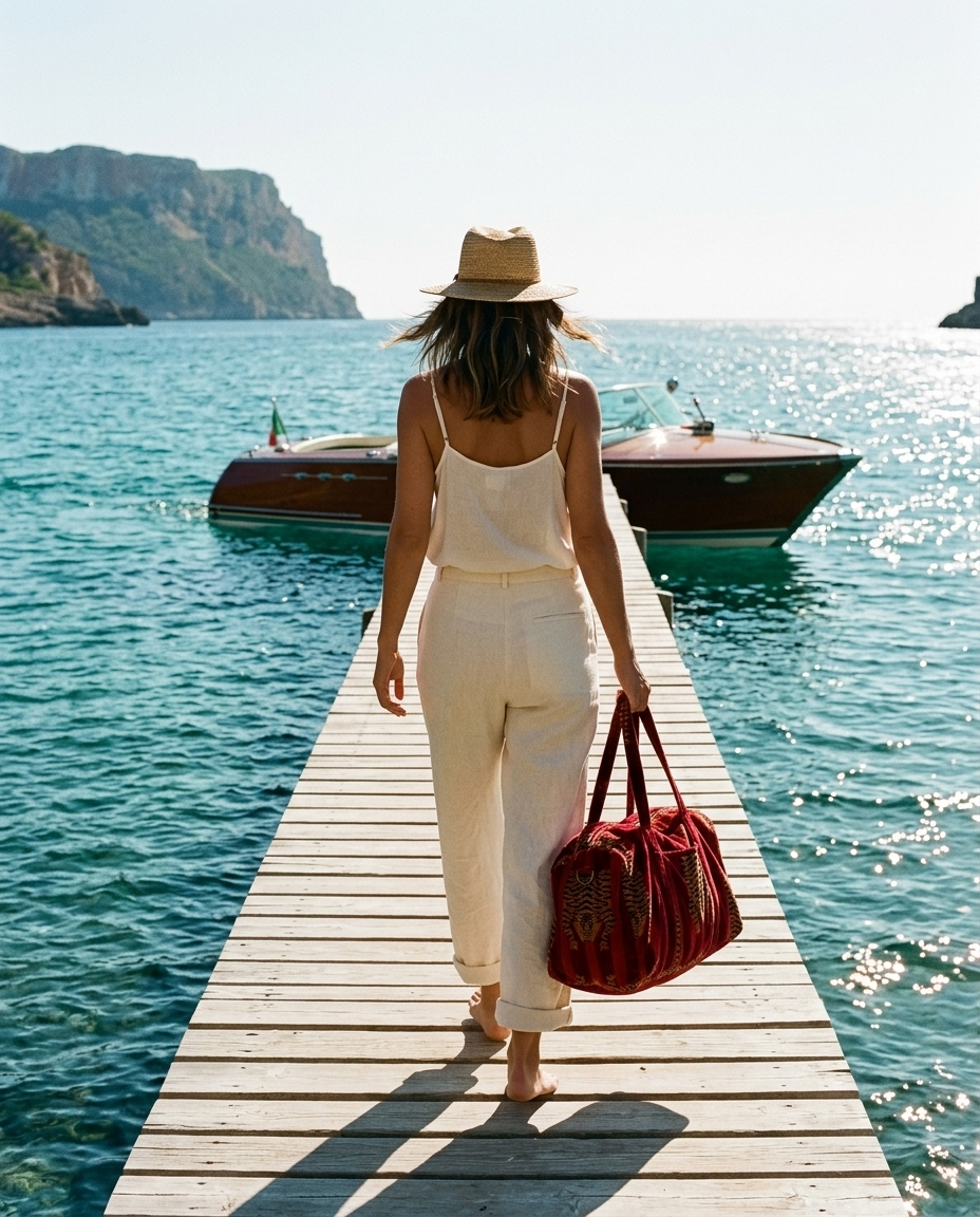 Woman on a wooden jetty carrying the Tibetan Tiger Velvet Weekender in Red — handmade in Rajasthan by Conscious Yoga Collective