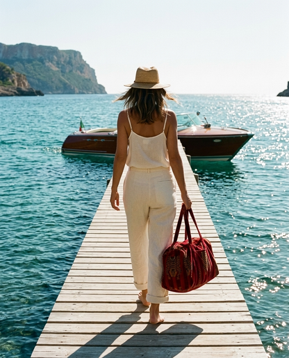 Woman on a wooden jetty carrying the Tibetan Tiger Velvet Weekender in Red — handmade in Rajasthan by Conscious Yoga Collective