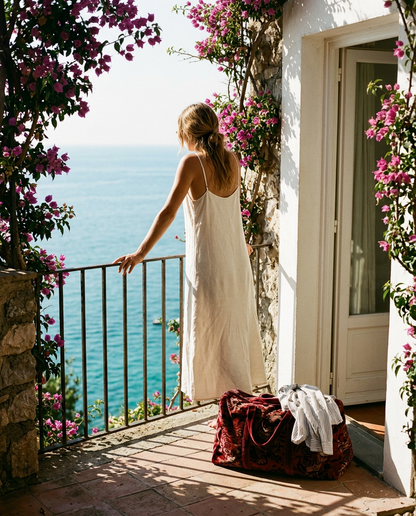 Woman on a whitewashed balcony with the Tibetan Tiger Velvet Weekender in Red — handmade in Rajasthan by Conscious Yoga Collective