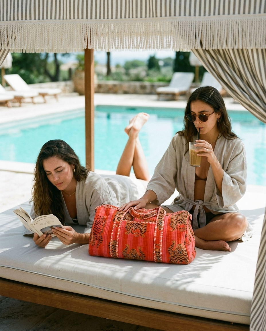 Two friends sharing a poolside daybed with the Tibetan Tiger Velvet Weekender in Orange and Pink — handmade in Rajasthan by Conscious Yoga Collective