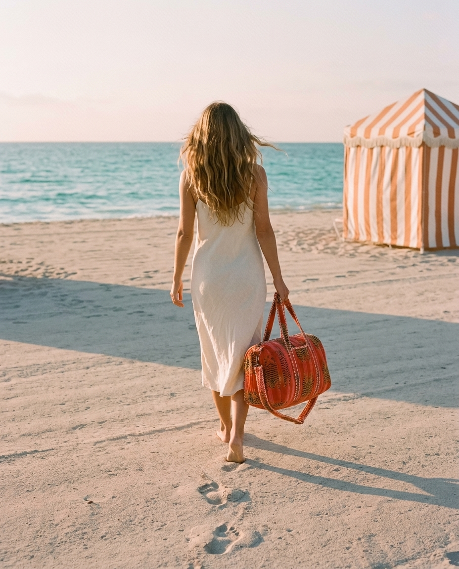 Dawn walk on the sand carrying the Tibetan Tiger Velvet Weekender in Orange and Pink — handmade in Rajasthan by Conscious Yoga Collective