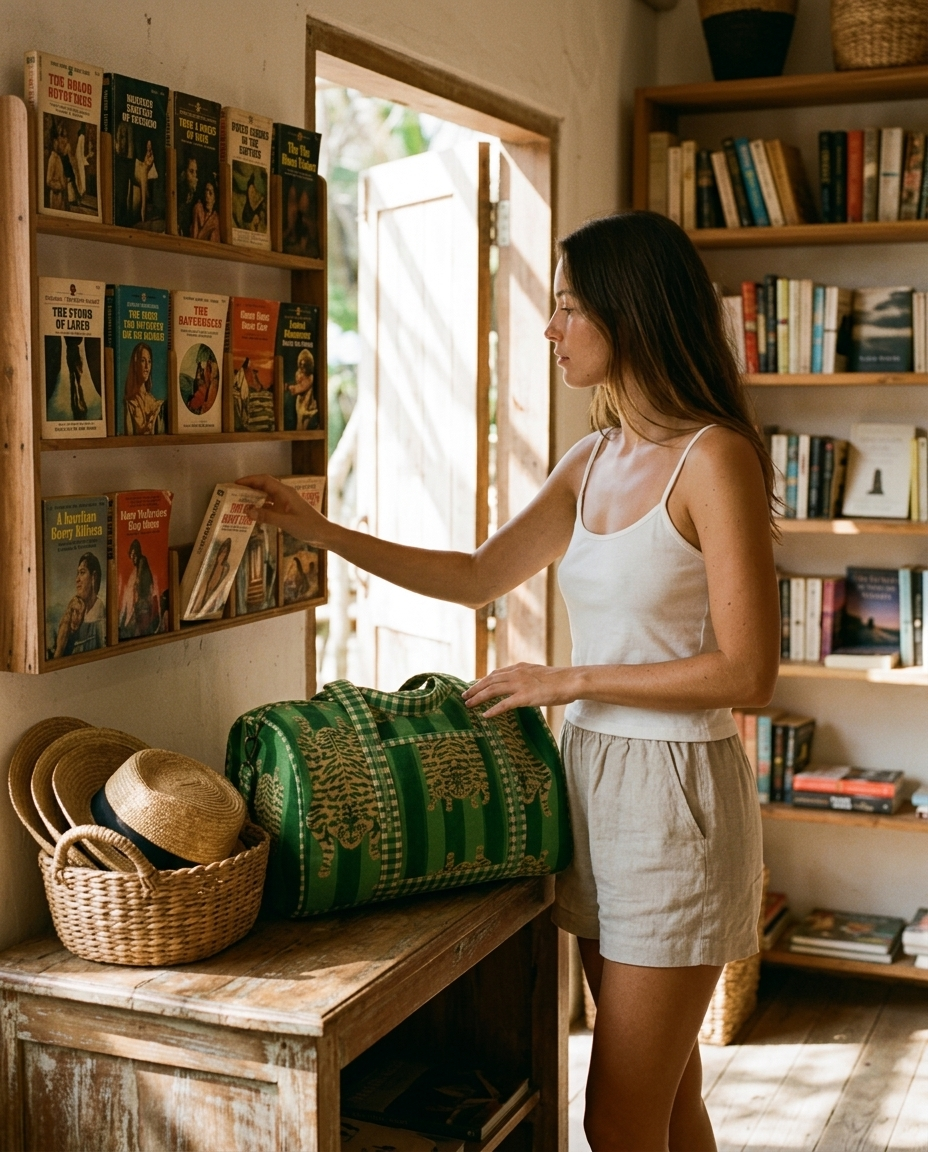 Woman browsing a beach club boutique with the Tibetan Tiger Velvet Weekender in Green — handmade in Rajasthan by Conscious Yoga Collective