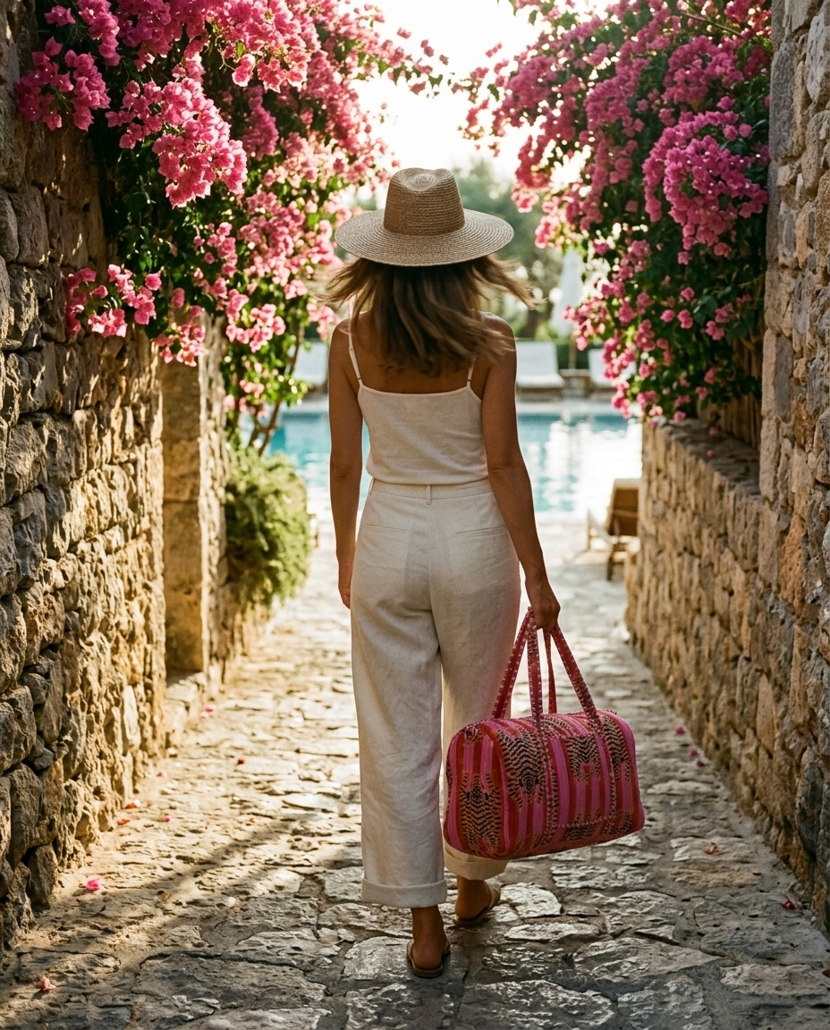 Woman on a bougainvillea path carrying the Tibetan Tiger Velvet Weekender in Pink — handmade in Rajasthan by Conscious Yoga Collective