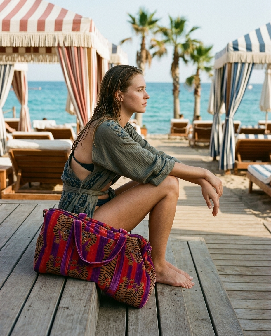 Woman on a wooden deck step with the Tibetan Tiger Velvet Weekender in Purple and Red — handmade in Rajasthan by Conscious Yoga Collective