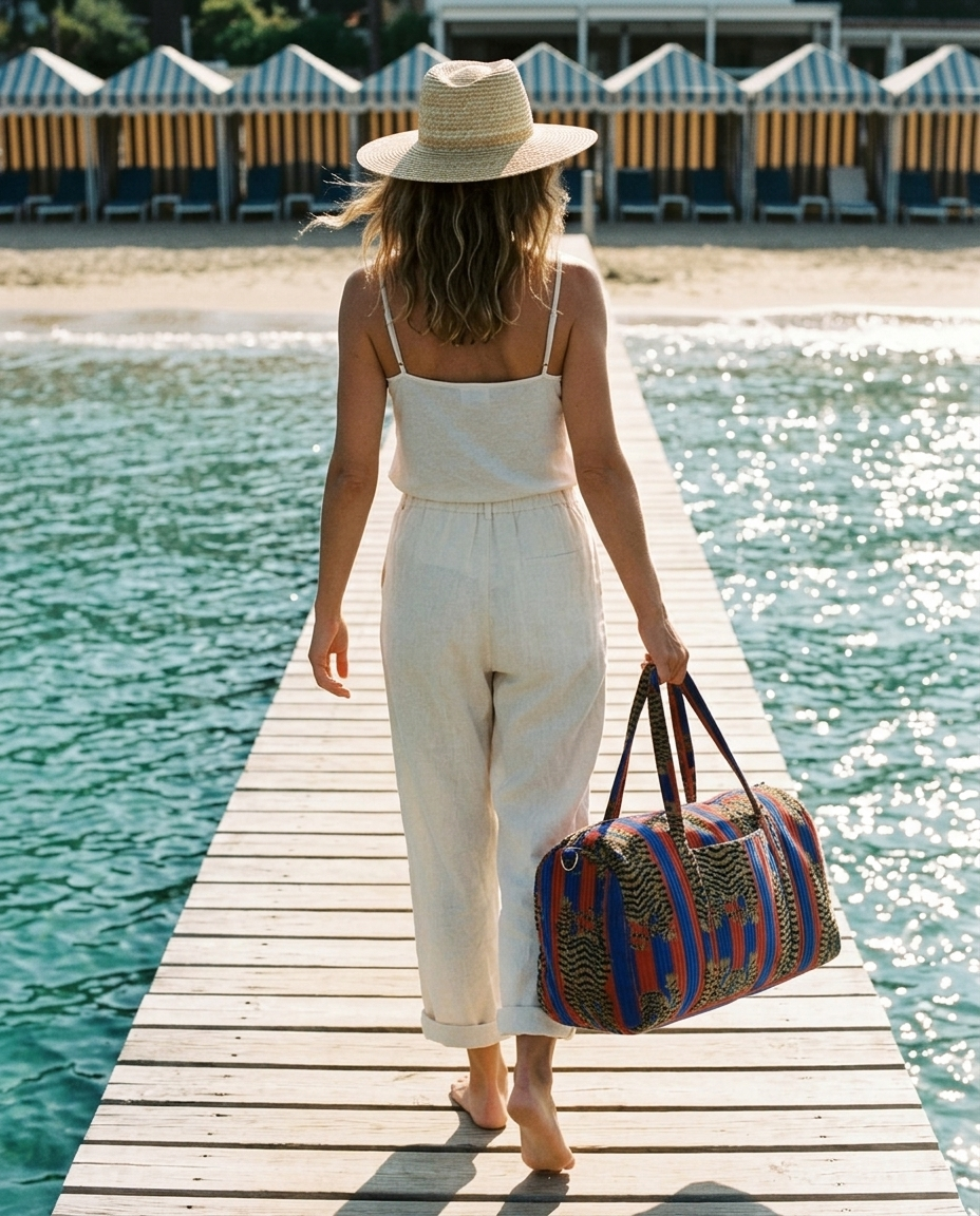 Woman on a wooden jetty carrying the Tibetan Tiger Velvet Weekender in Ascot — handmade in Rajasthan by Conscious Yoga Collective