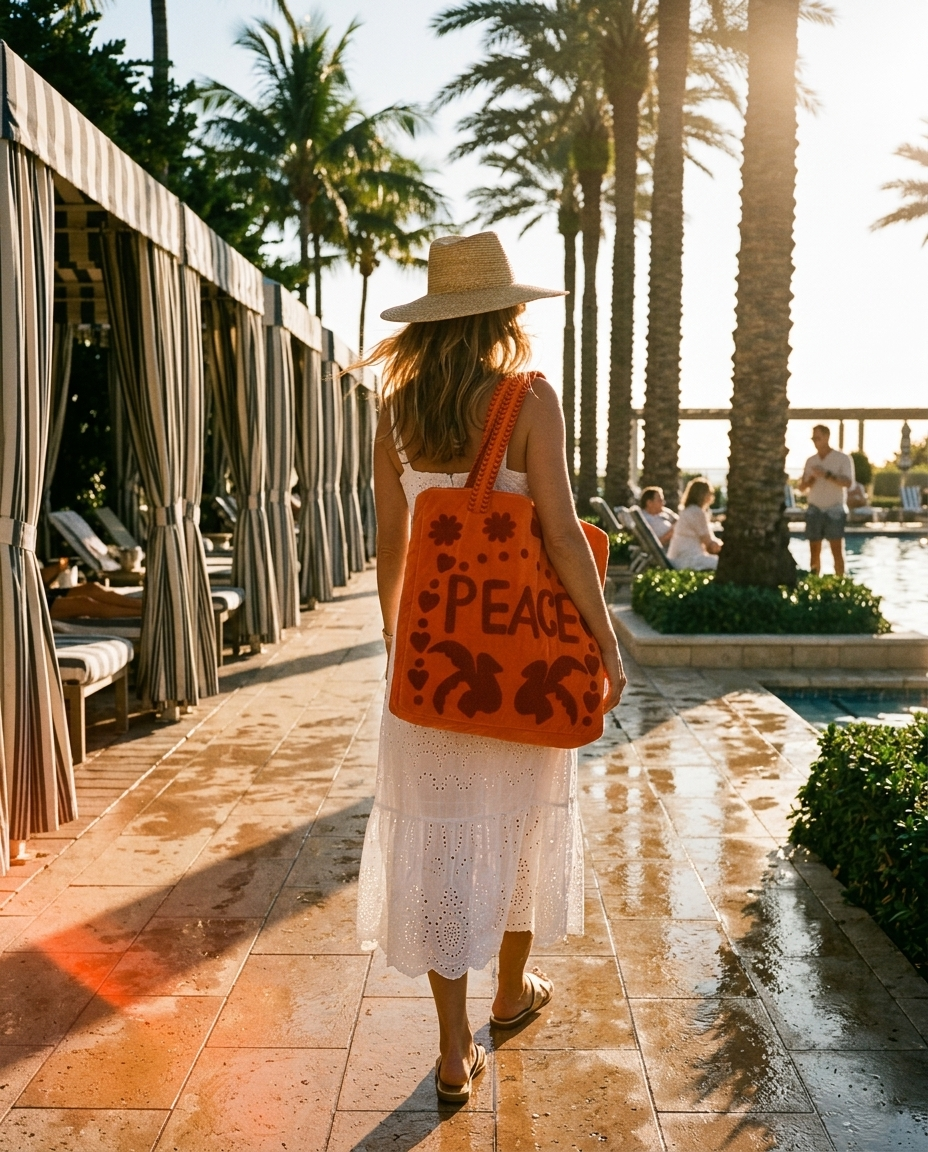Golden hour palm shadow path walk with the Peace Suzani Velvet Tote in Orange — handmade in Rajasthan by Conscious Yoga Collective