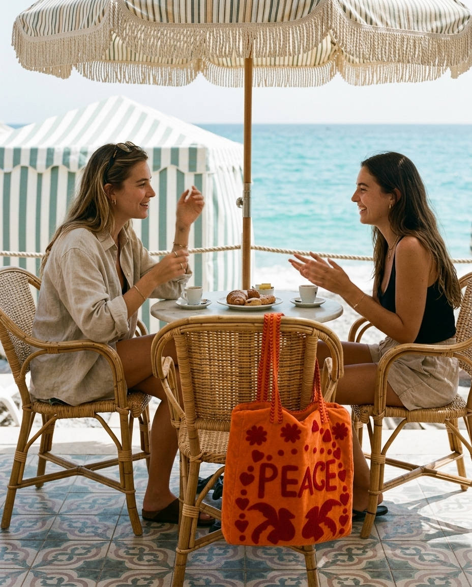 Beach club café with a friend and the Peace Suzani Velvet Tote in Orange slumped on the empty wicker chair — handmade in Rajasthan by Conscious Yoga Collective