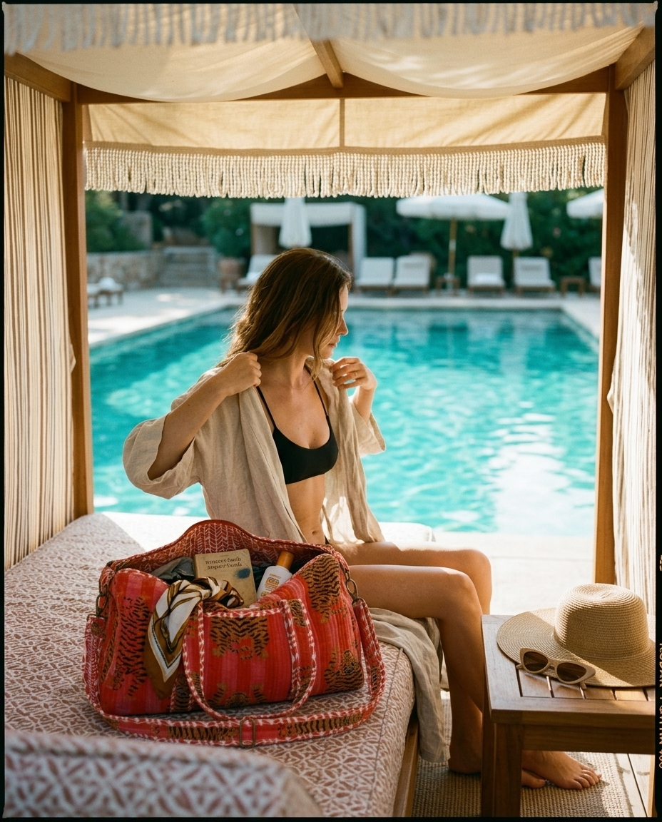 Cabana morning with the Tibetan Tiger Velvet Weekender in Orange and Pink open on the daybed — handmade in Rajasthan by Conscious Yoga Collective
