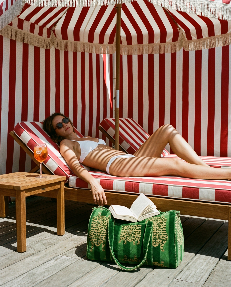 Under a striped fringed canopy on a lounger with the Tibetan Tiger Velvet Weekender in Green slumped on the deck — handmade in Rajasthan by Conscious Yoga Collective