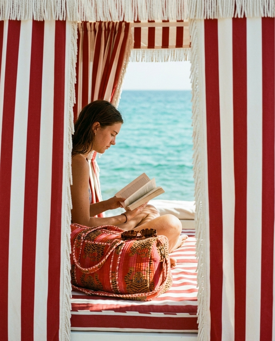 Inside a striped cabana reading with the Tibetan Tiger Velvet Weekender in Orange and Pink on the daybed — handmade in Rajasthan by Conscious Yoga Collective