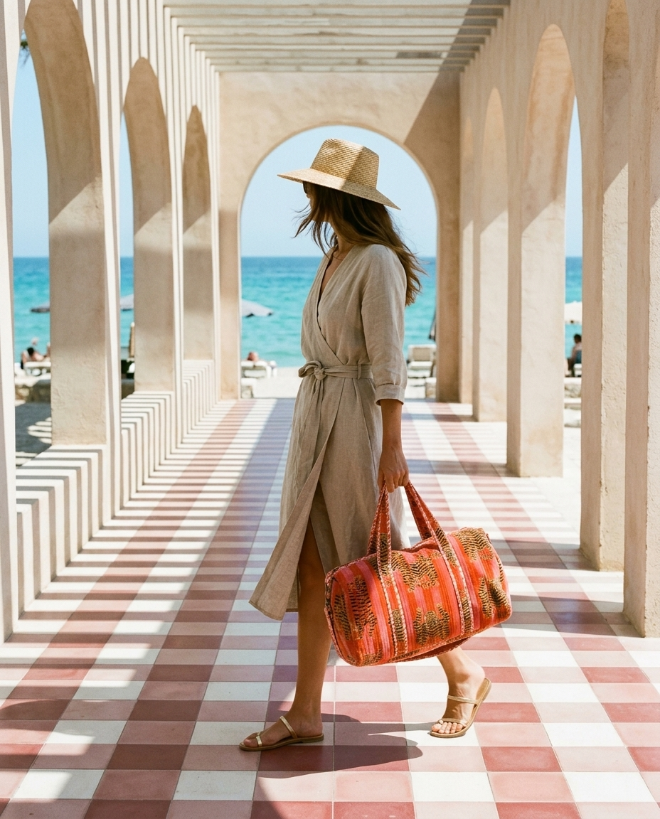 Striped-tiled colonnade walk with the Tibetan Tiger Velvet Weekender in Orange and Pink — handmade in Rajasthan by Conscious Yoga Collective