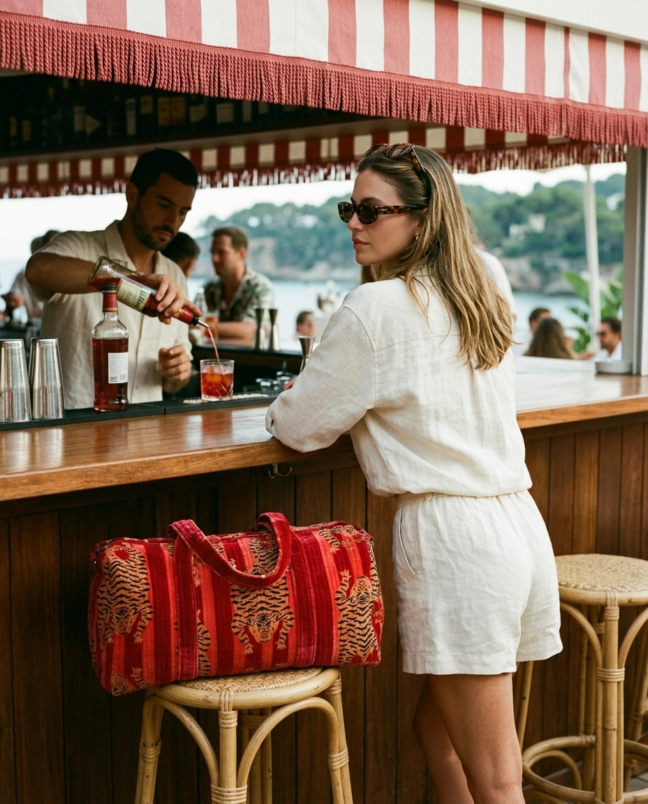 Beach club bar with the Tibetan Tiger Velvet Weekender in Red on the barstool beside her — handmade in Rajasthan by Conscious Yoga Collective