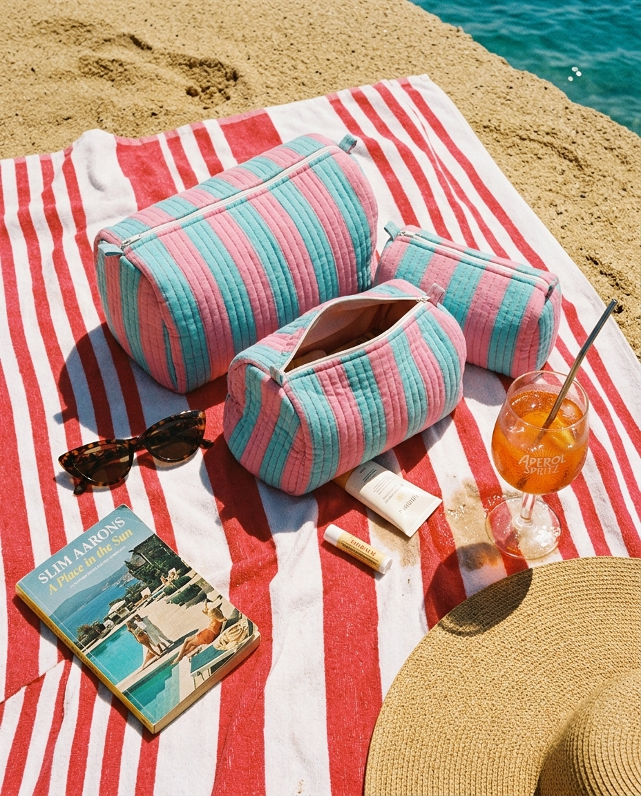 Beach towel flat lay on golden sand with the Striped Cotton Travel Set in Pink and Blue — handmade in Rajasthan by Conscious Yoga Collective