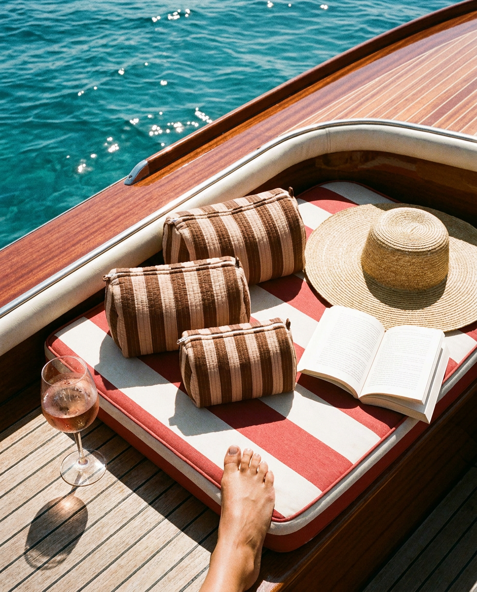 Riva boat deck with the Striped Cotton Travel Set in Brown on a striped boat cushion — handmade in Rajasthan by Conscious Yoga Collective