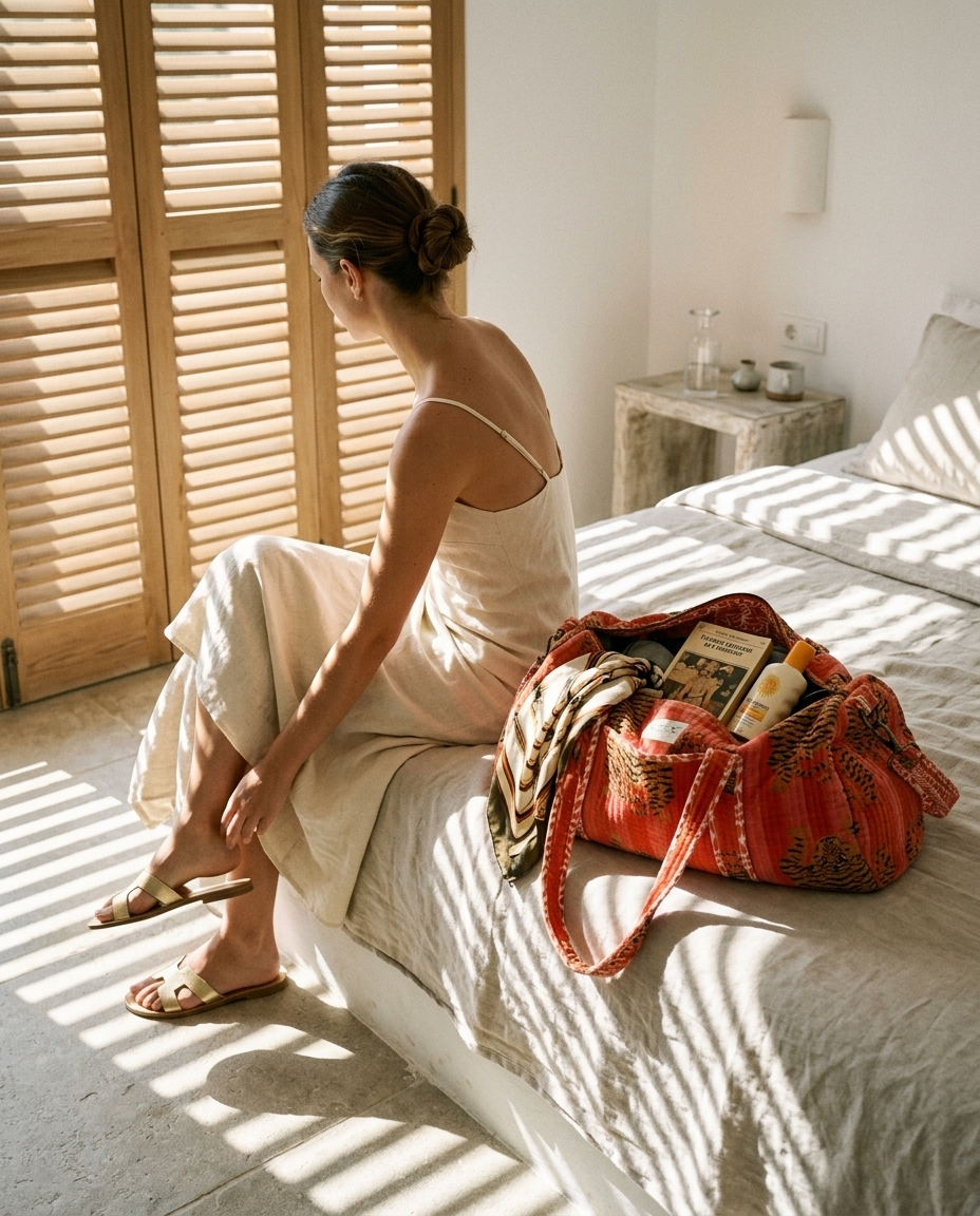 Hotel bedroom morning slipping on gold sandals with the Tibetan Tiger Velvet Weekender in Orange and Pink open on the linen sheets — handmade in Rajasthan by Conscious Yoga Collective