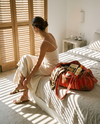 Hotel bedroom morning slipping on gold sandals with the Tibetan Tiger Velvet Weekender in Orange and Pink open on the linen sheets — handmade in Rajasthan by Conscious Yoga Collective