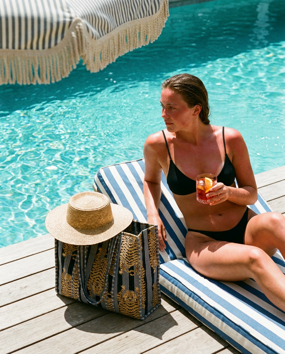 Poolside lounger with the Tibetan Tiger Tote in Black and Grey on the deck beside her — handmade in Rajasthan by Conscious Yoga Collective