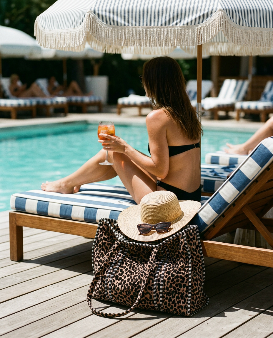 Poolside lounger with the Velvet Leopard Tote in Brown slumped on the deck — handmade in Rajasthan by Conscious Yoga Collective