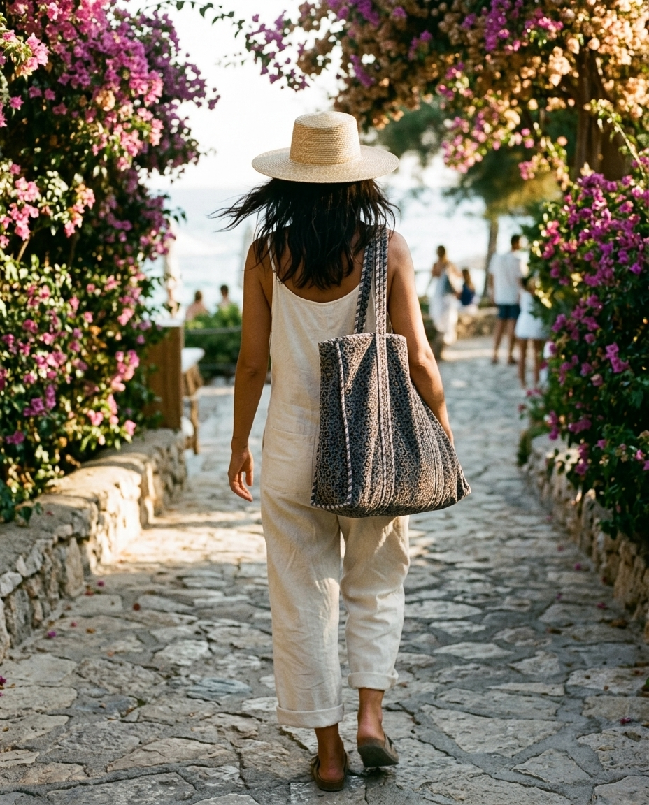 Bougainvillea path walk at golden hour with the Velvet Leopard Tote in Grey — handmade in Rajasthan by Conscious Yoga Collective