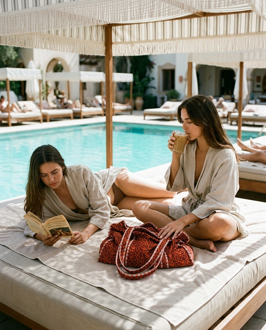 Two friends on a cabana daybed with the Velvet Leopard Tote in Orange between them — handmade in Rajasthan by Conscious Yoga Collective