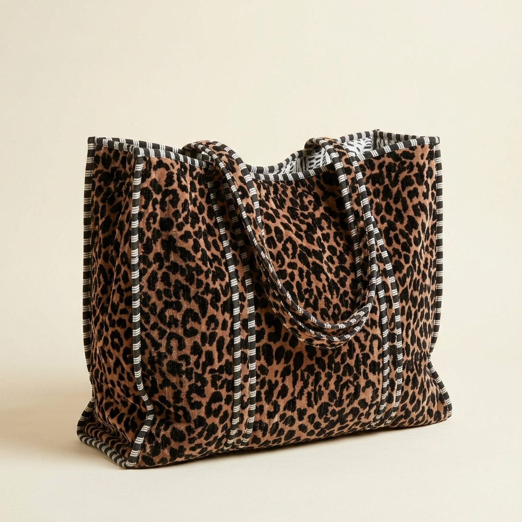 Velvet Leopard Tote in Brown — product shot on clean studio backdrop — handmade in Rajasthan by Conscious Yoga Collective