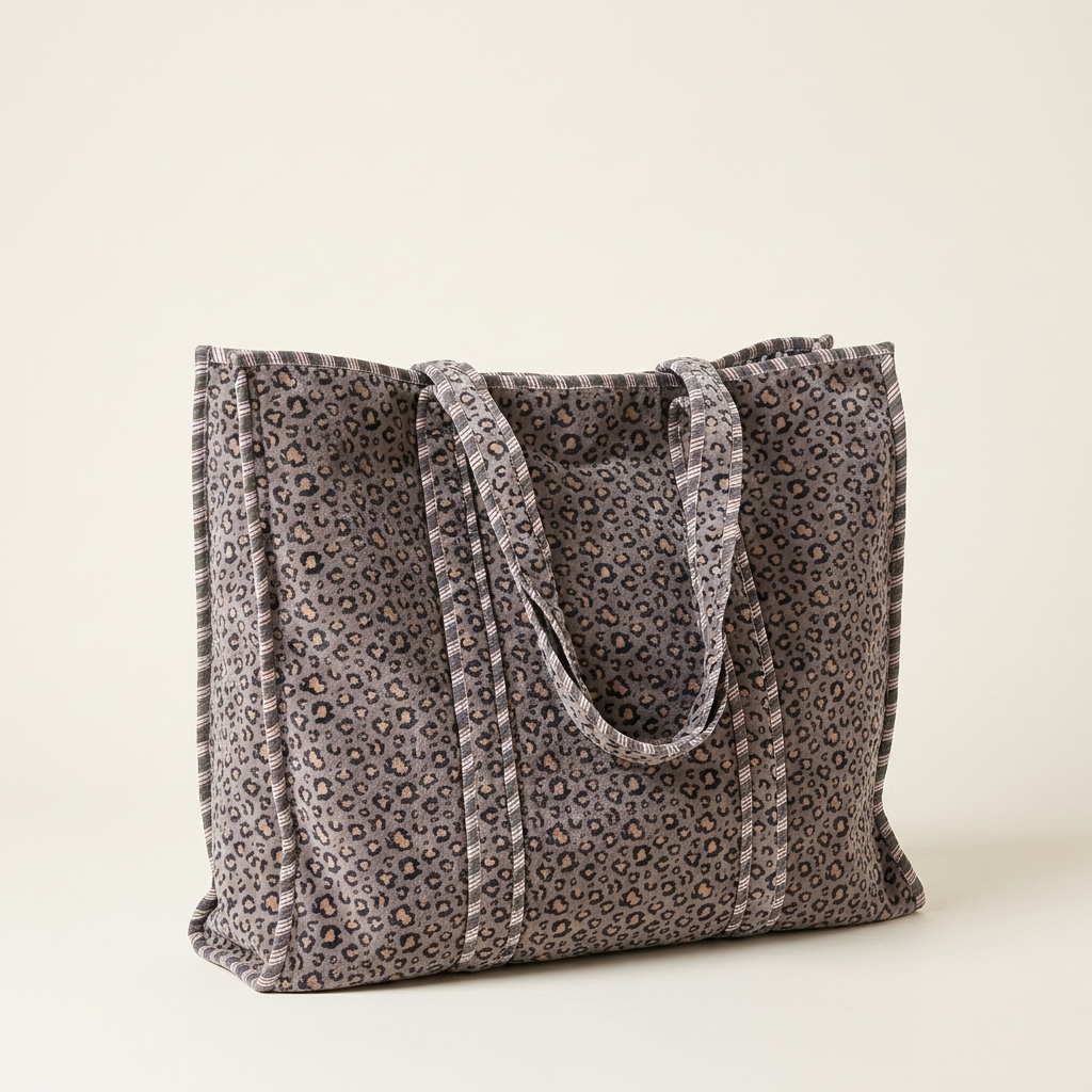 Velvet Leopard Tote in Grey — product shot on clean studio backdrop — handmade in Rajasthan by Conscious Yoga Collective