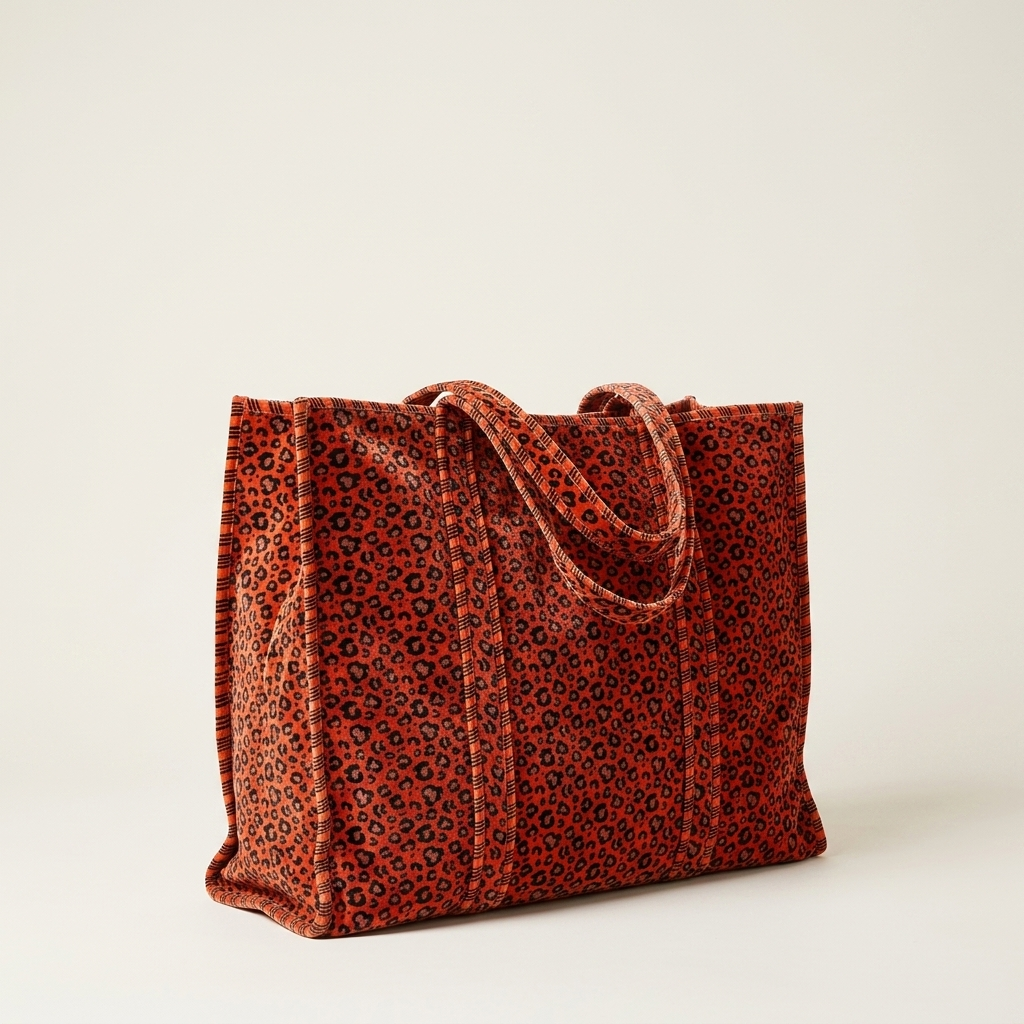 Velvet Leopard Tote in Orange — product shot on clean studio backdrop — handmade in Rajasthan by Conscious Yoga Collective